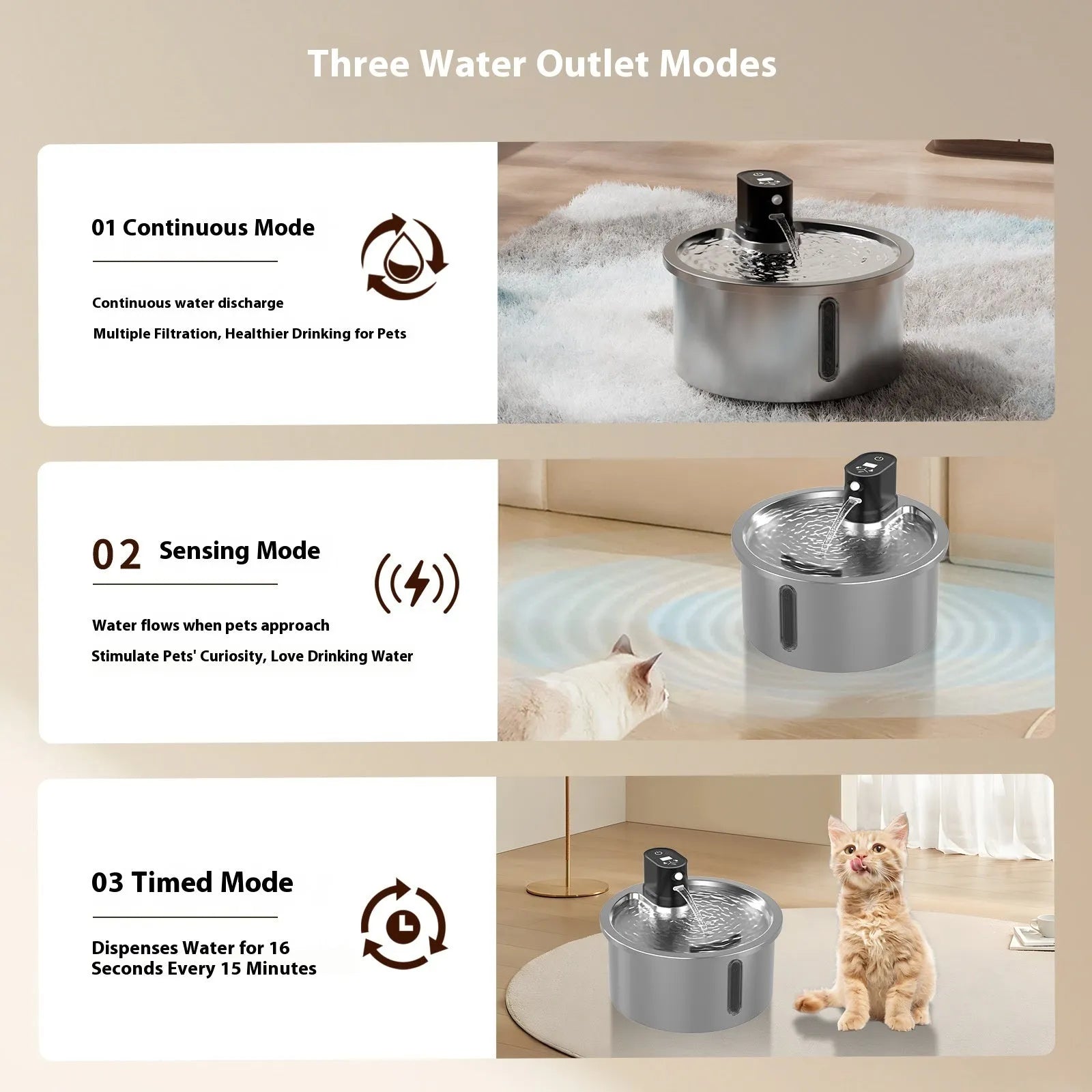 Stainless steel heated water fountain for cats and dogs on a white base.
