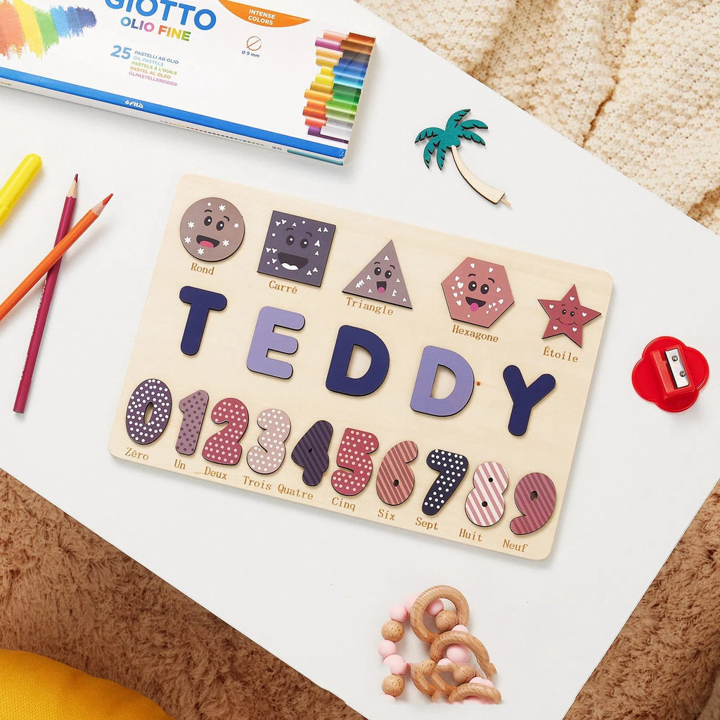 Wooden digital shape recognition puzzle board with hand-holding pieces for infants, 30x20cm to 38x20cm