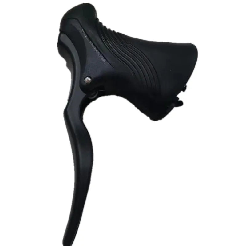 A pair of aluminium road bicycle brake handles in black and black silver finishes.