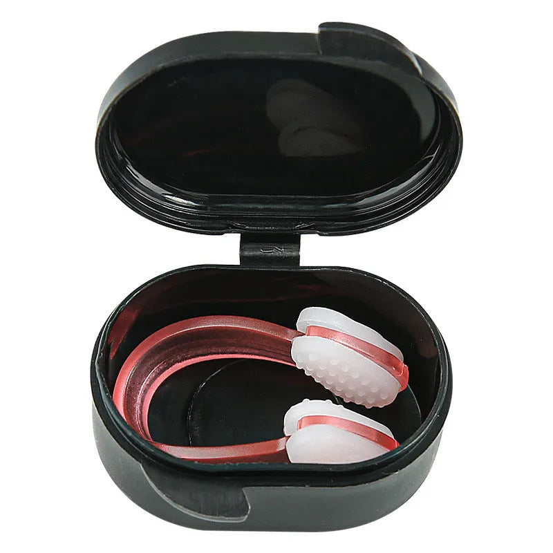 Silicone nose clip for swimming in bright blue, pink, black, and green with black storage box