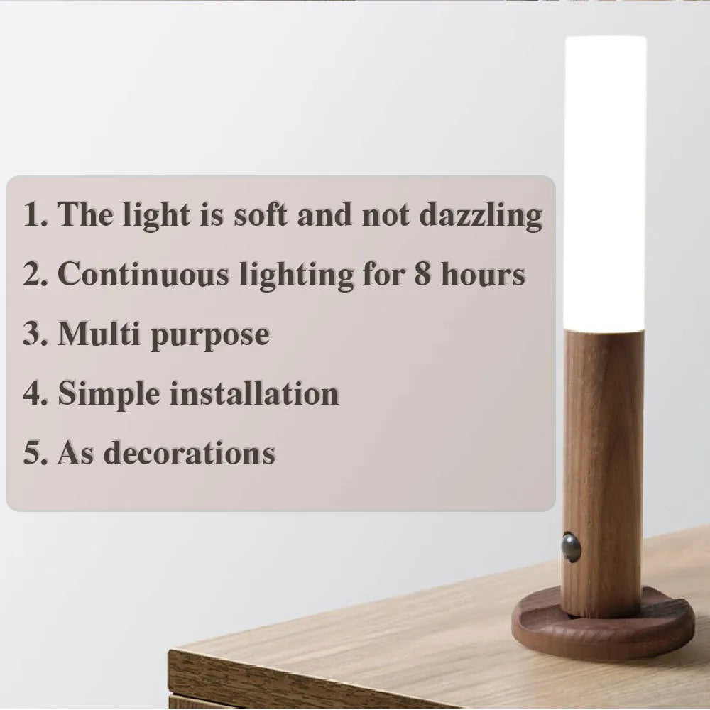 Magnetic USB LED night light with PIR motion sensor, warm white light, acrylic shade, Ash or Walnut finish