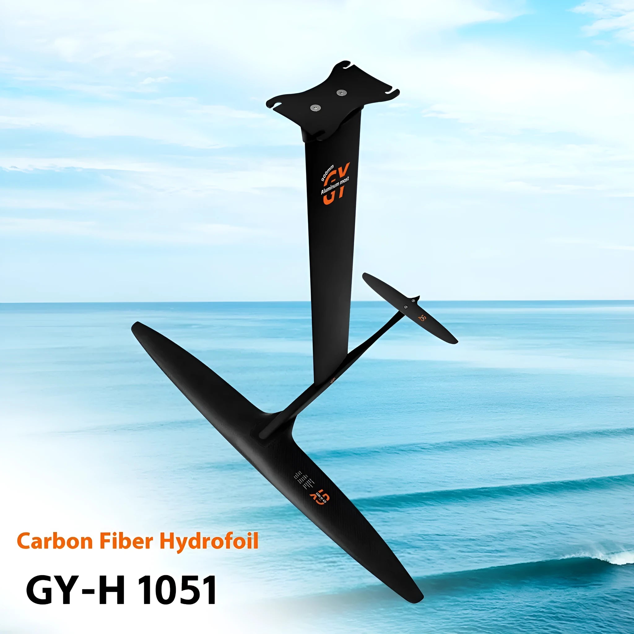 Black carbon fibre racing surf hydrofoil with aluminium alloy mast and 1051mm front wing