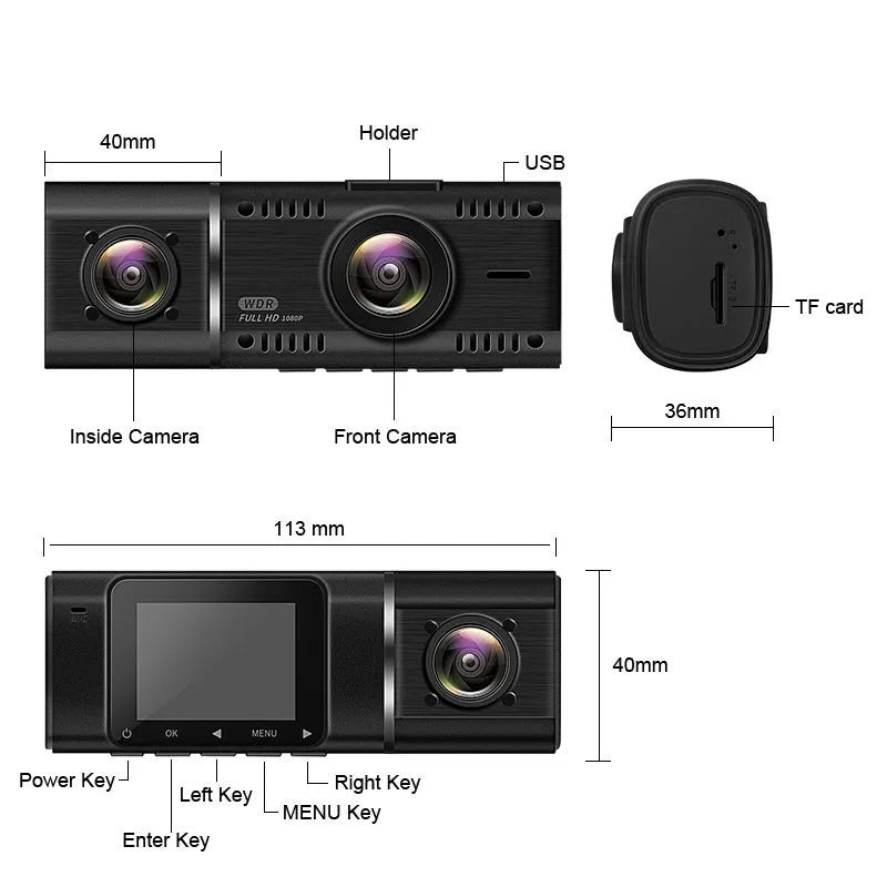 Black dual-channel car dash camera with 1.5-inch screen mounted behind rear-view mirror