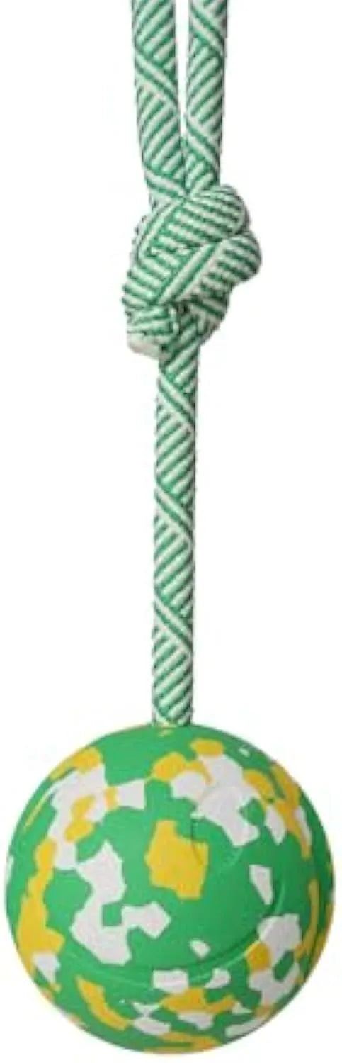 Natural rubber dog ball attached to a blue nylon rope for fetch and tug toys.