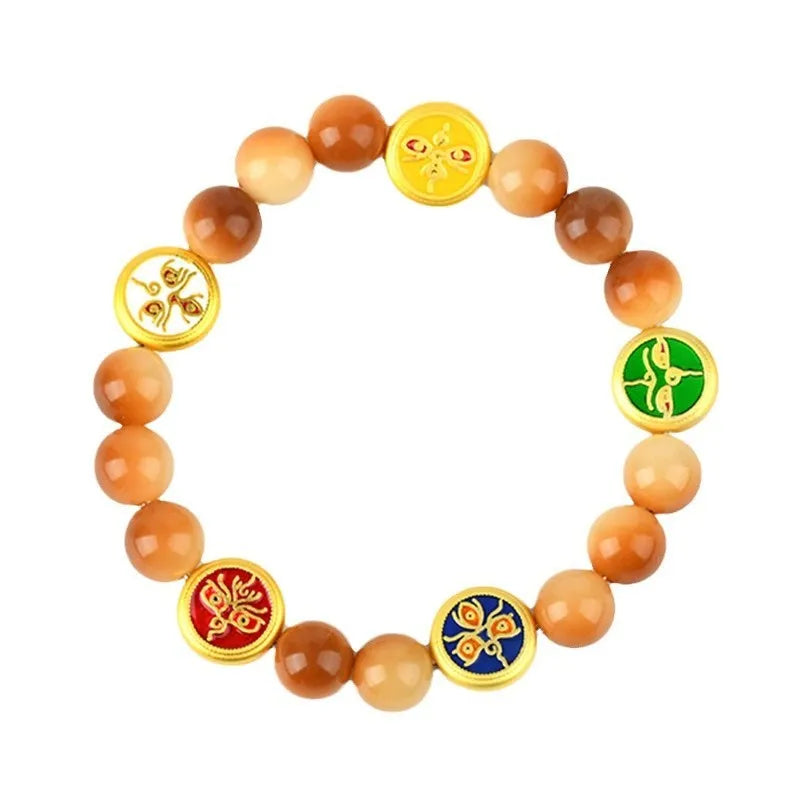 Yellow bodhi seed bracelet with geometric shapes measuring 14-17 inches