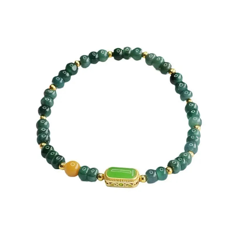 Natural stone blue water jade beaded bracelet for women with electroplated metal accents and geometric design