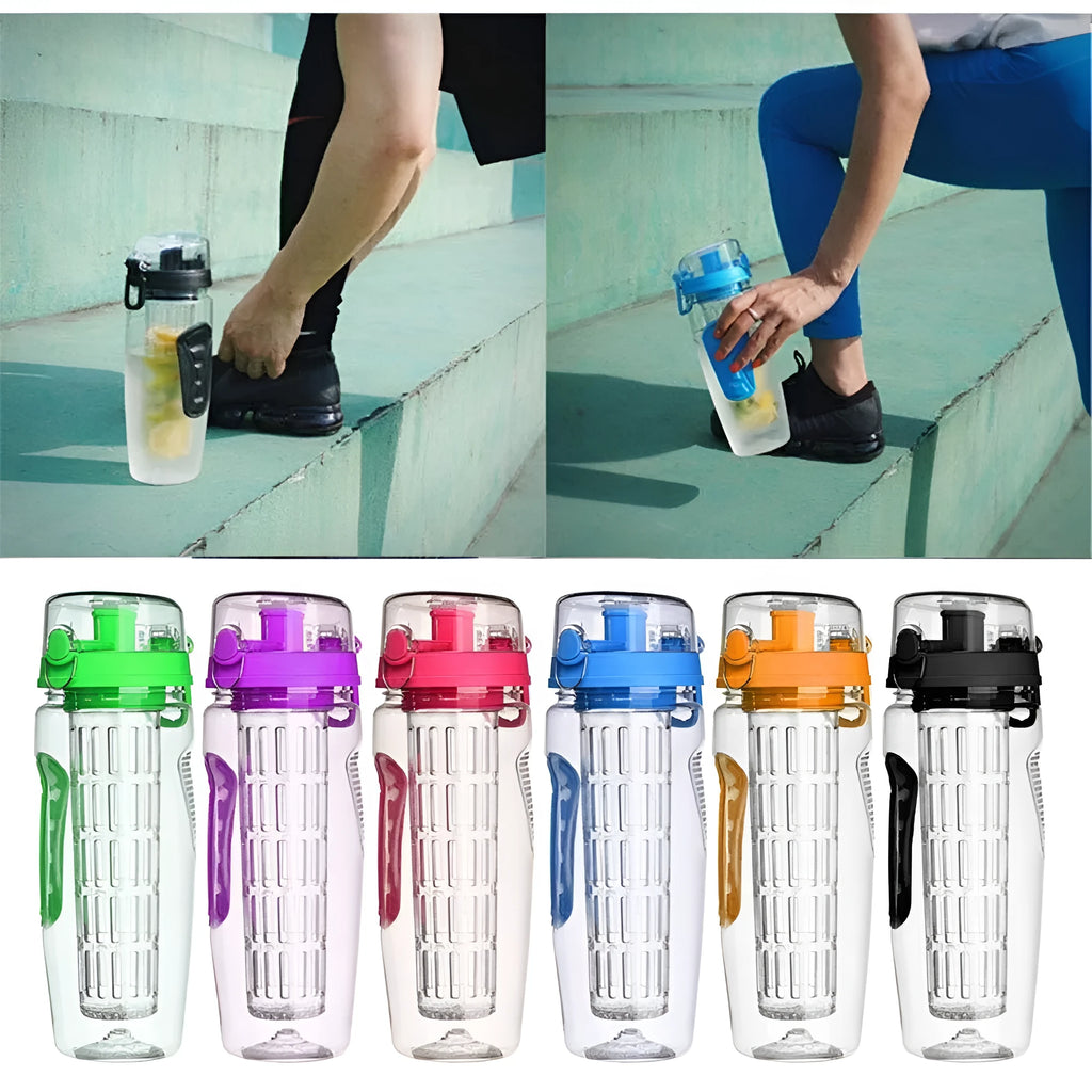 32oz Tritan plastic fruit infuser water bottle with removable infuser cup, shown in one of seven style options.