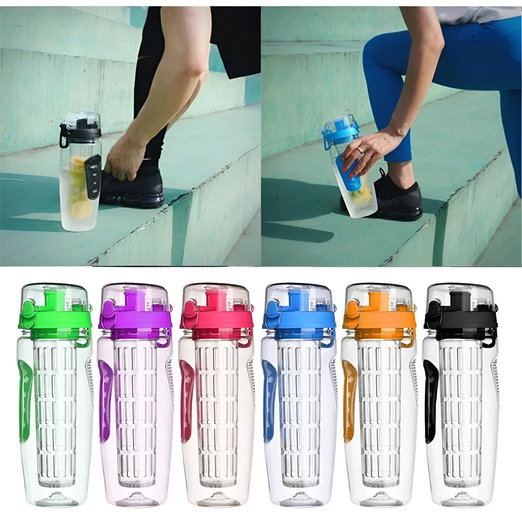 32oz Tritan plastic fruit infuser water bottle with removable infuser cup, shown in one of seven style options.