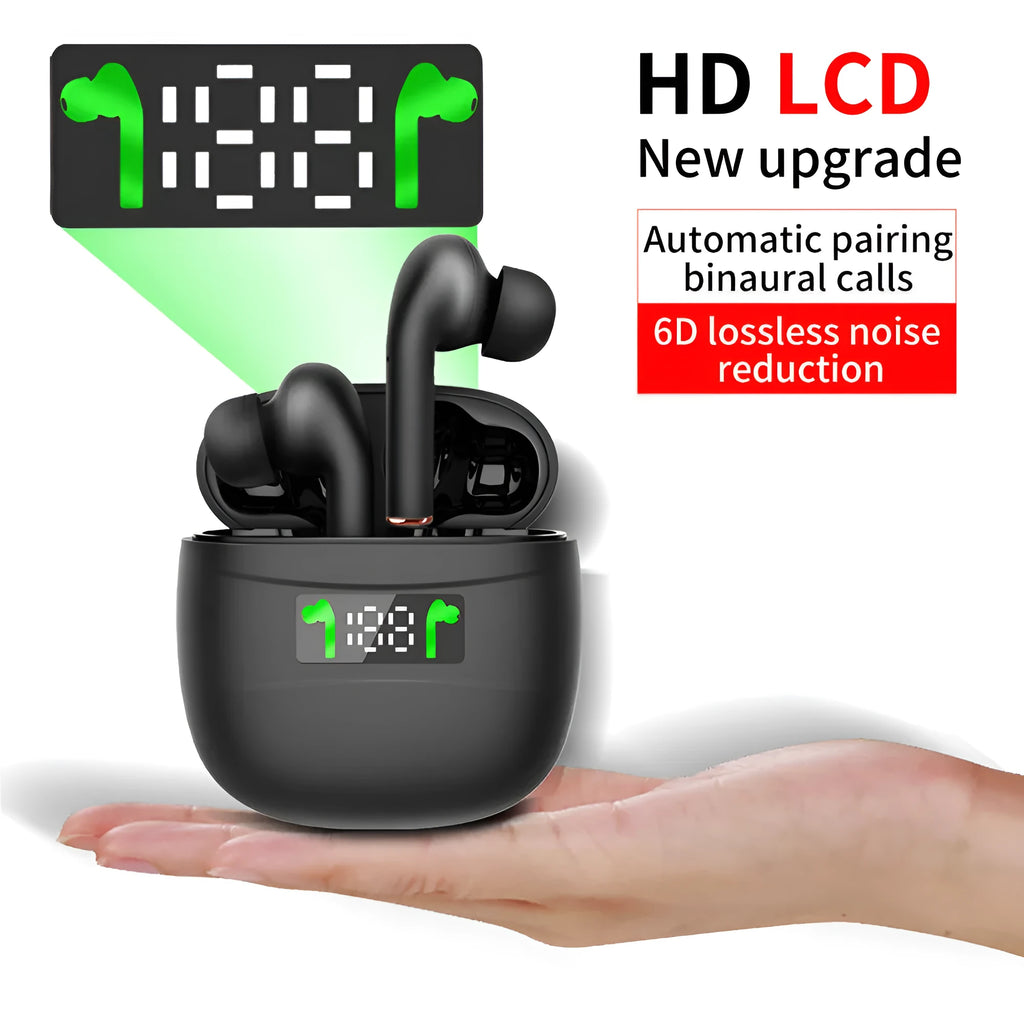 Black Bluetooth headset sports earbuds with earplug style and power display on charging case