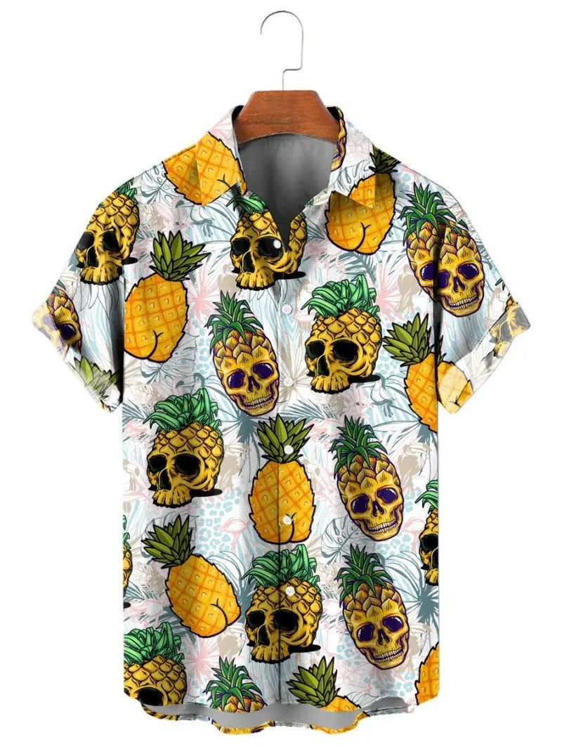 Mens 3D printed Hawaiian shirt with lemon and pineapple fruit pattern, loose cardigan style, thin polyester, available in multiple sizes