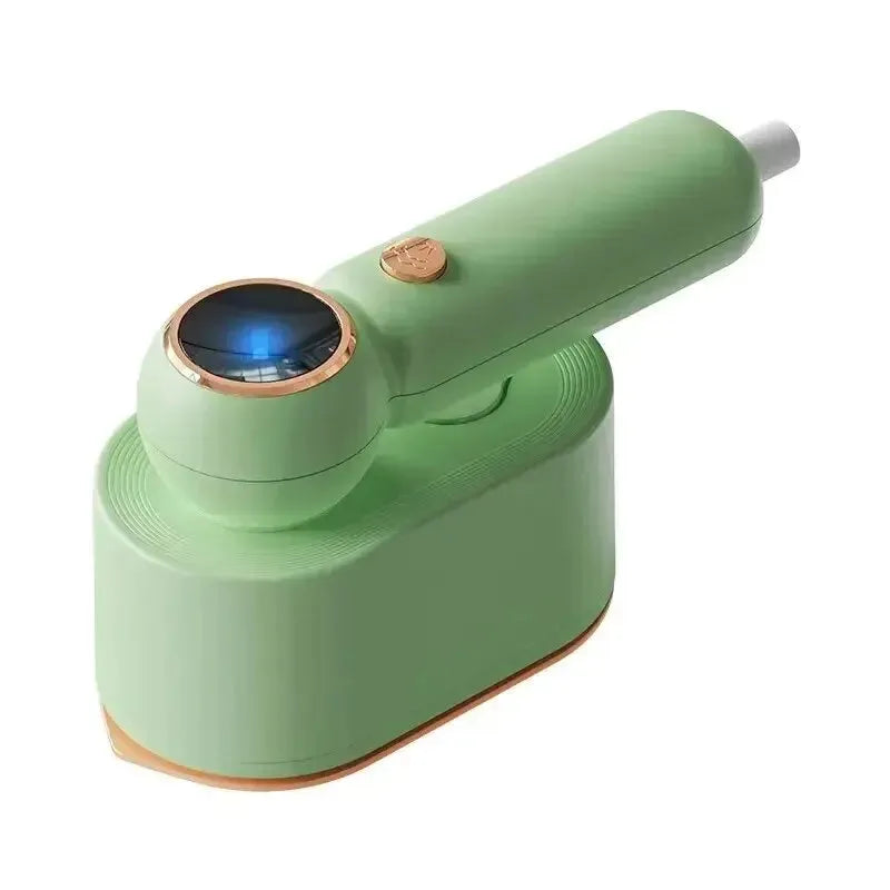 Green 800W portable garment steamer with foldable handle and titanium alloy panel, 70ml water fill, 1.6m cable, EU or UK plug.