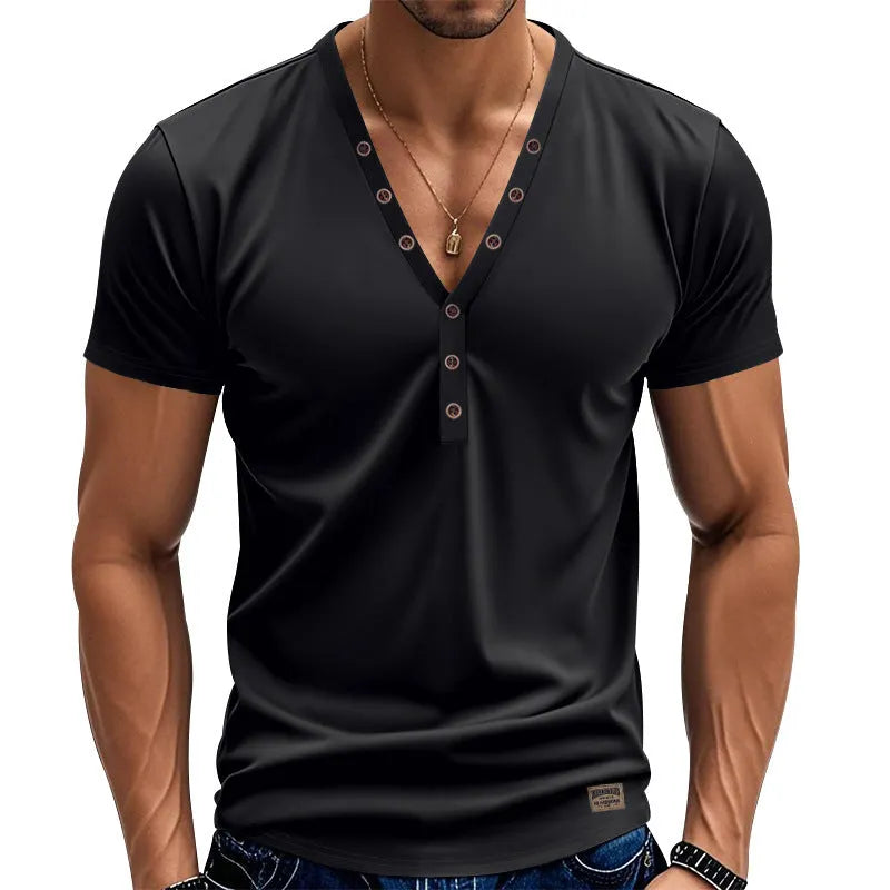 Men's loose fit V-neck T-shirt with button detail in chemical fibre blend fabric