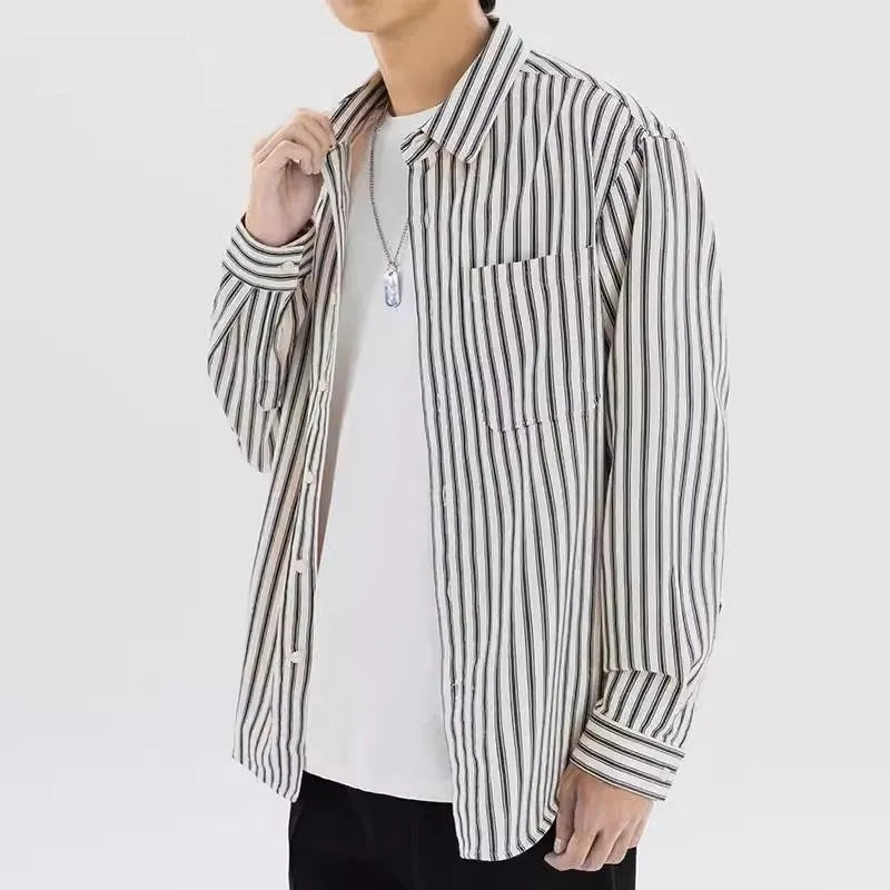 Loose fit striped shirt cardigan for teenagers in blue with cardigan front and long sleeves