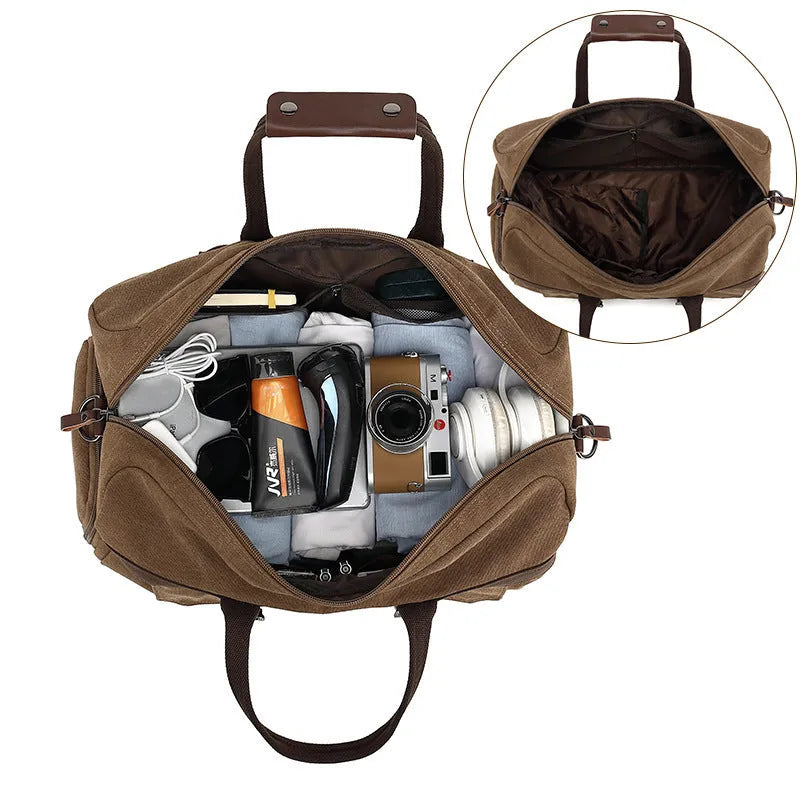 Men's large canvas crossbody travel bag in a retro style, shown in a solid colour.