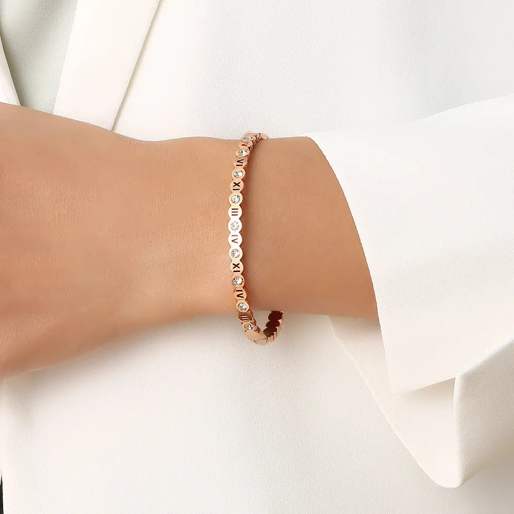 Korean style titanium steel bracelet with numeric elements in gold, rose gold and steel colour options