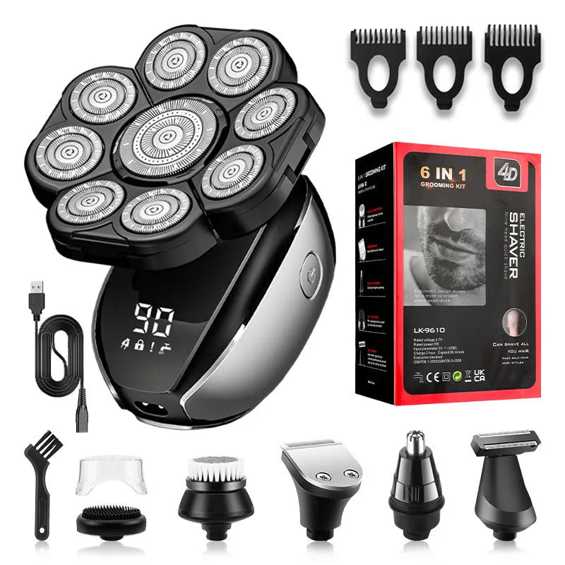Black rechargeable 6-in-1 multifunctional hair clipper kit with attachments laid out.