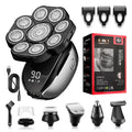 Black rechargeable 6-in-1 multifunctional hair clipper kit with attachments laid out.