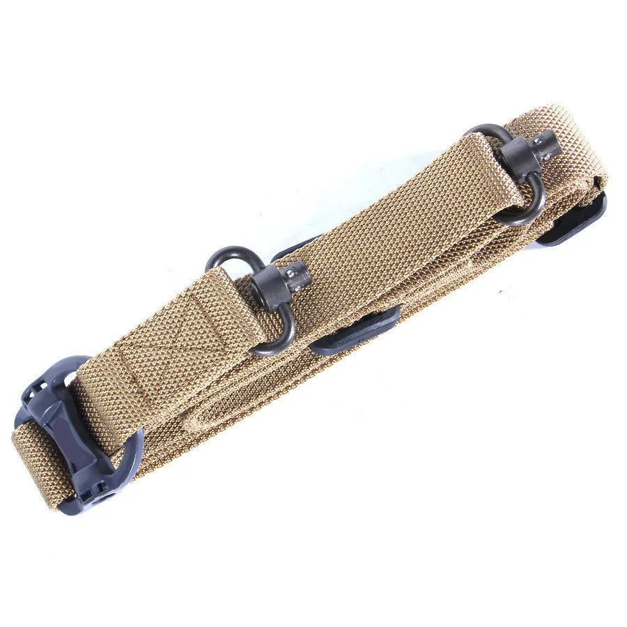 Black nylon tactical multifunctional strap rope with metal buckle, shown fully extended