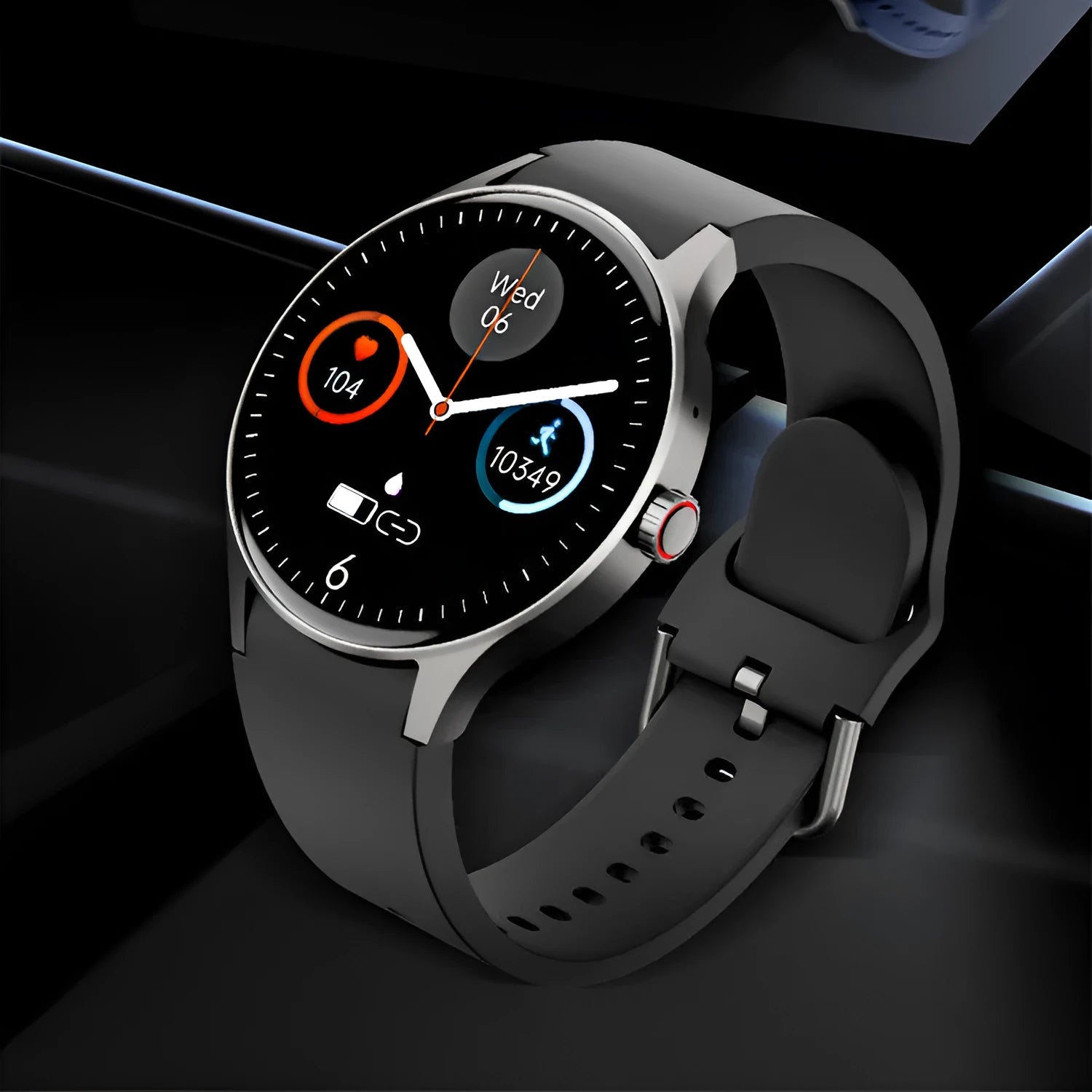 Black smart Bluetooth sport watch with a round touchscreen on a wrist, showing a fitness stats display.