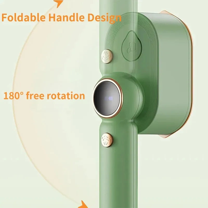 Green 800W portable garment steamer with foldable handle and titanium alloy panel, 70ml water fill, 1.6m cable, EU or UK plug.