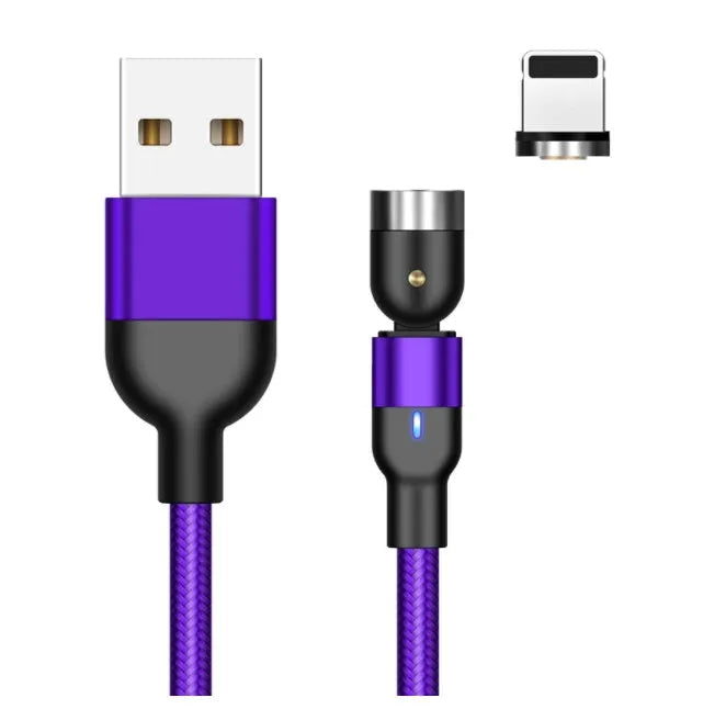 Essager black magnetic charging cable with blue LED light, showing 360-degree rotating connector.