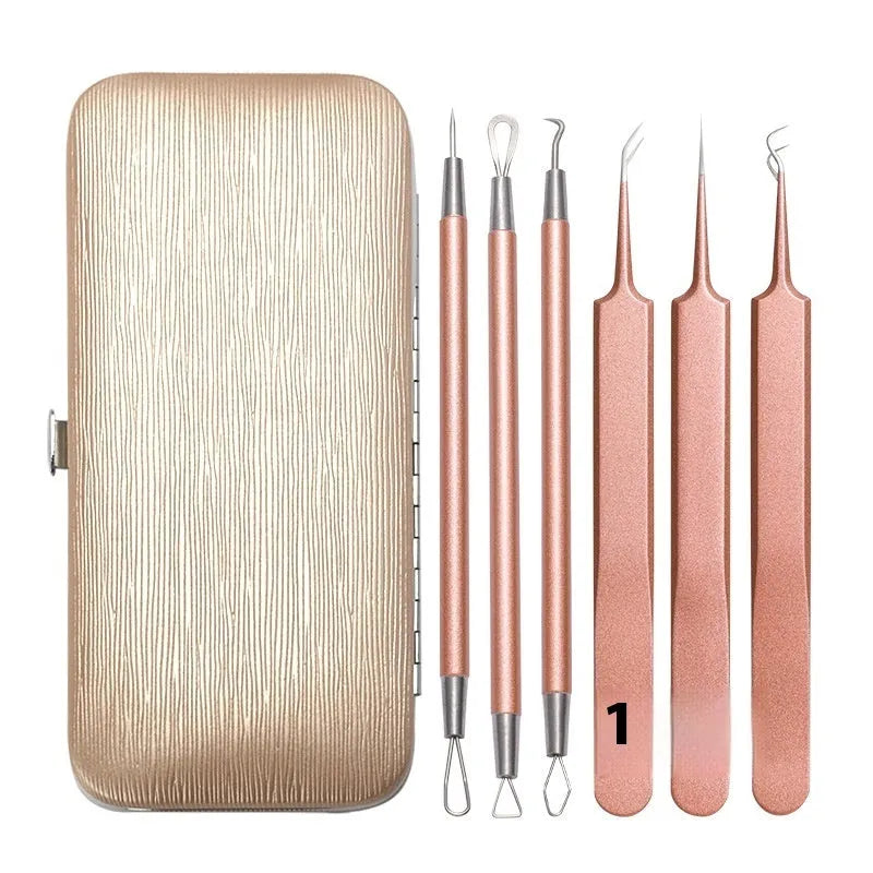Six rose gold stainless steel acne remover pimple pins on a clean surface.