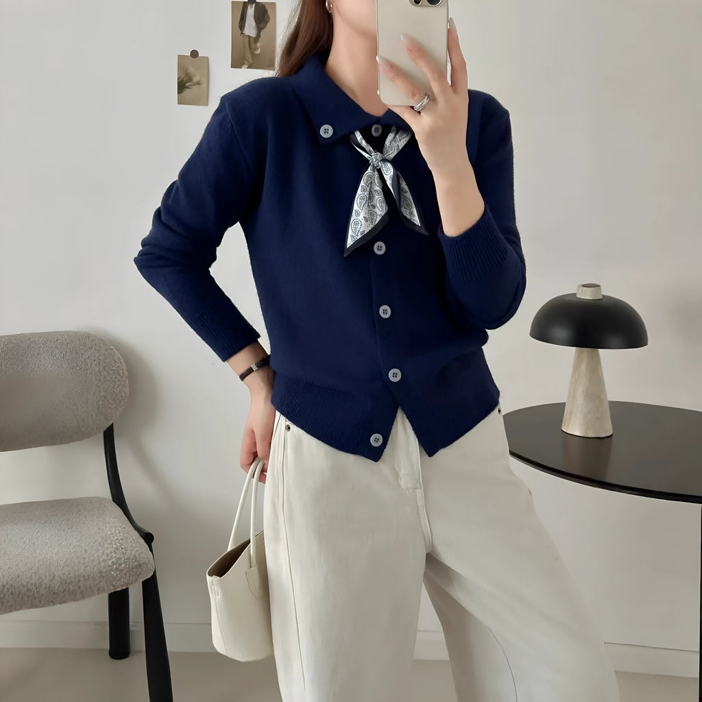 Lapel scarf sweater cardigan with colour-block splicing in acrylic fibre