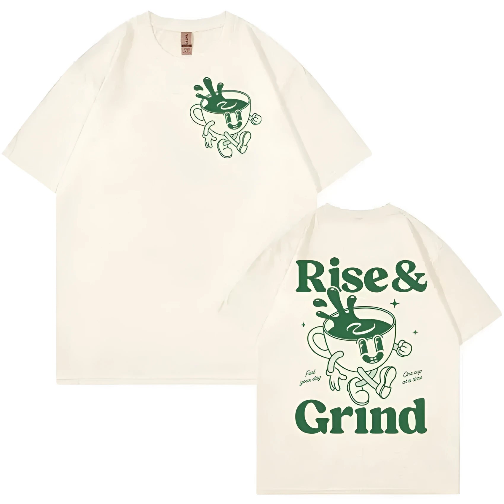 Loose fit linen t-shirt with a cartoon graphic of a green coffee bag and 'Rise And Grind' text.