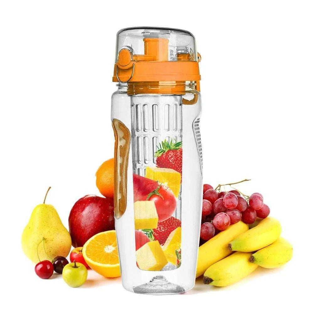 32oz Tritan plastic fruit infuser water bottle with removable infuser cup, shown in one of seven style options.
