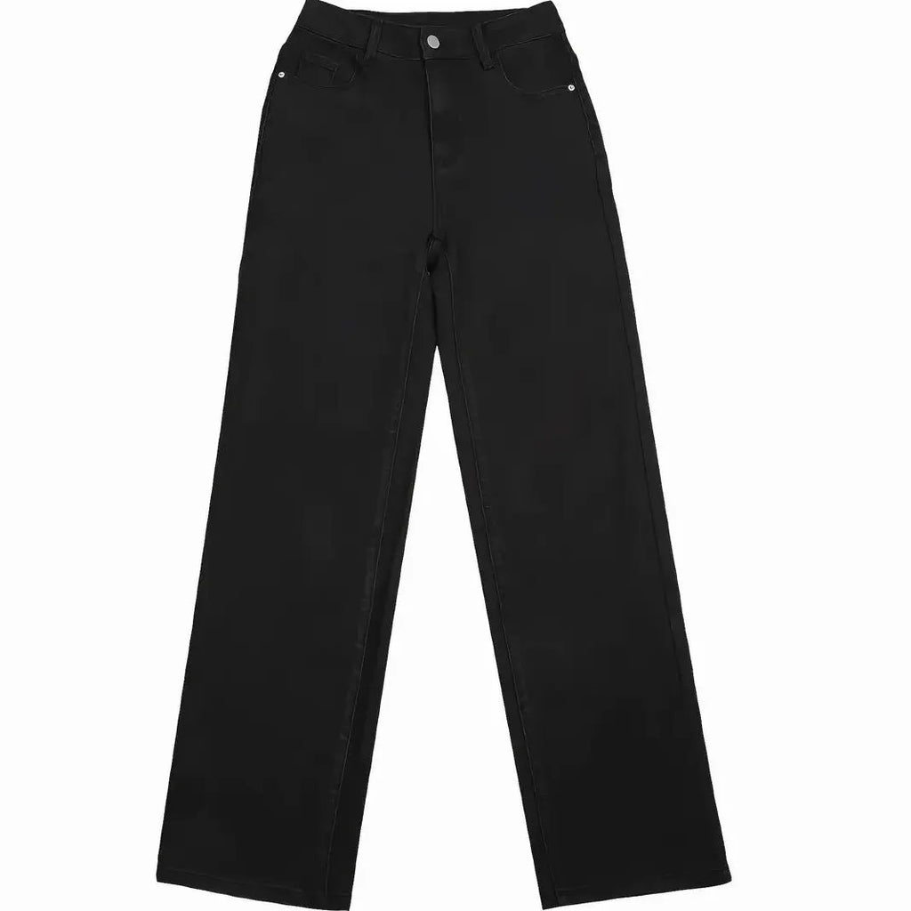 Women's black wash high-waist stretch denim straight-leg casual trousers