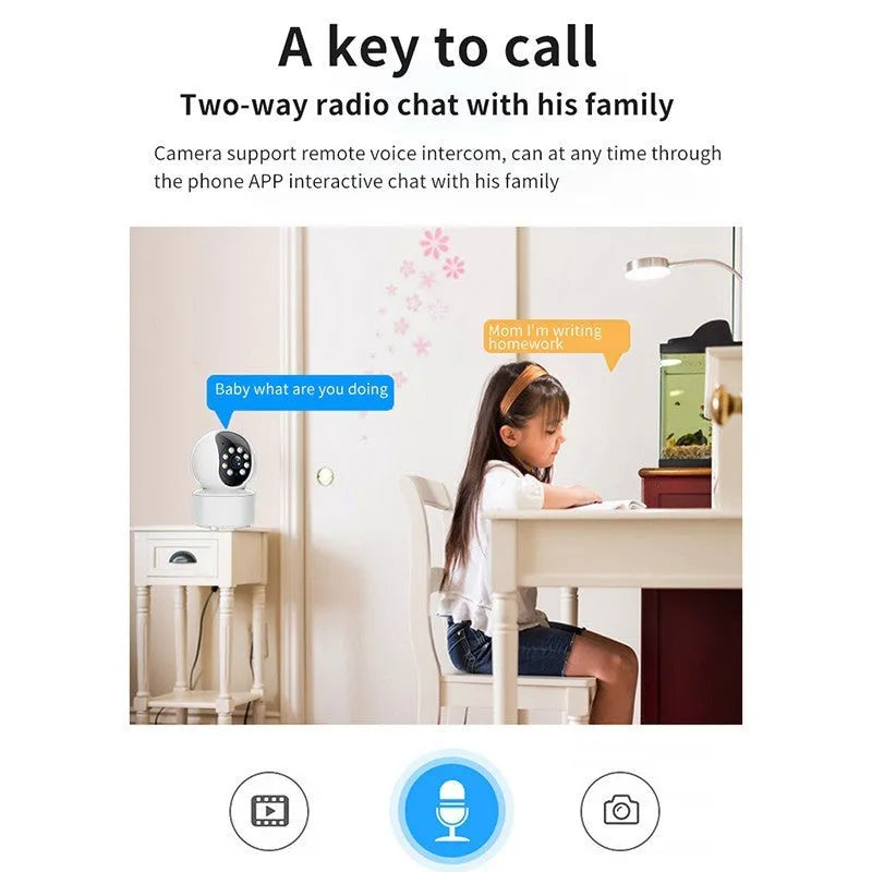 White wireless indoor 360-degree smart security camera on a stand for home monitoring.