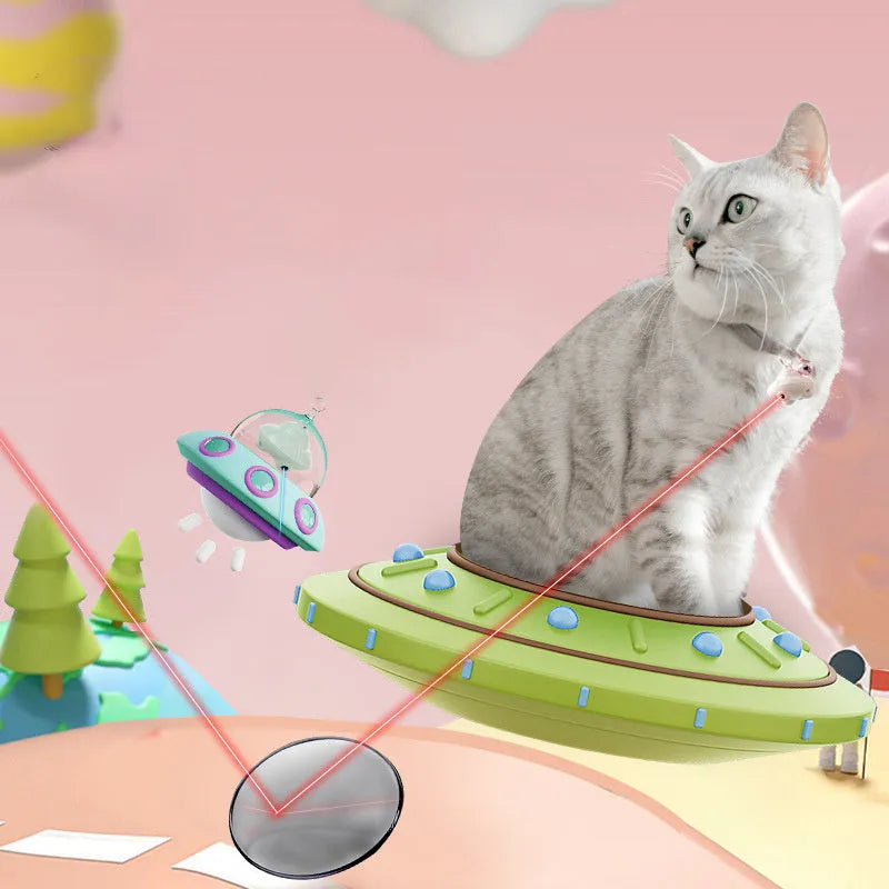 Green automatic cat laser toy attached to collar with USB charging port visible
