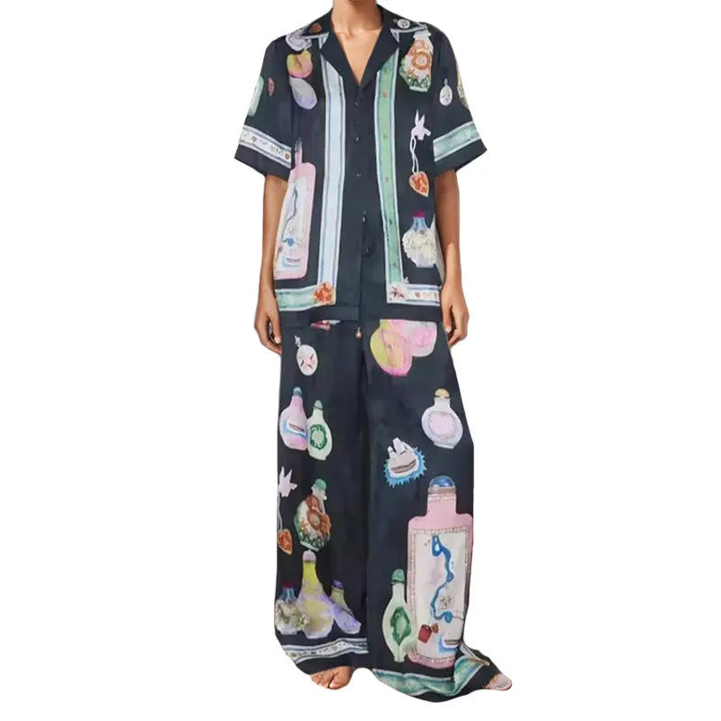 Black women's cardigan and trousers set with cartoon animation print