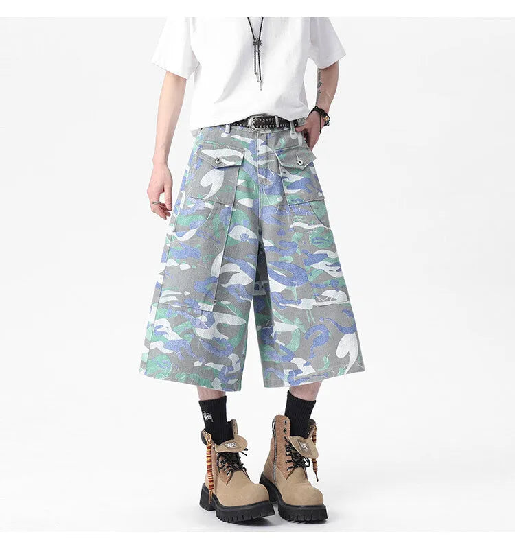 Men's camouflage green cotton cargo trousers with a straight cropped leg and a cargo pocket.