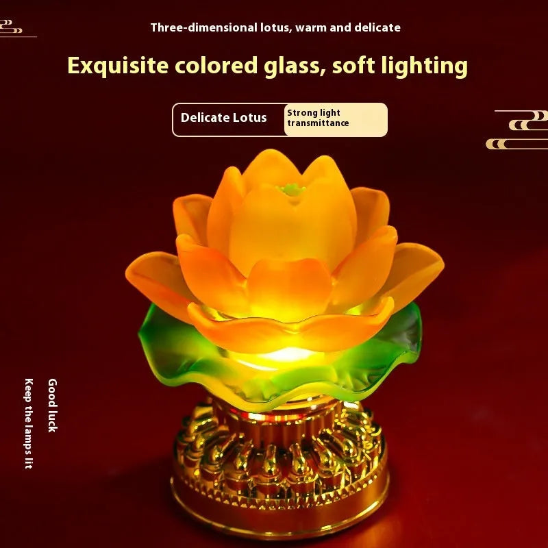 Yellow Chinese style ABS plastic lotus lamp for Buddha altar decoration, shown in bud and flowering styles.