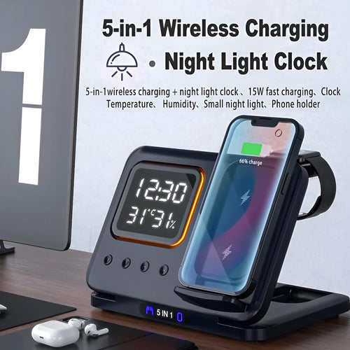 Black 15W wireless charging dock station with digital clock display charging a phone and watch