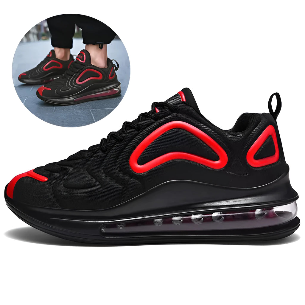 Men's black casual sneakers with lace-up front and thick sole.
