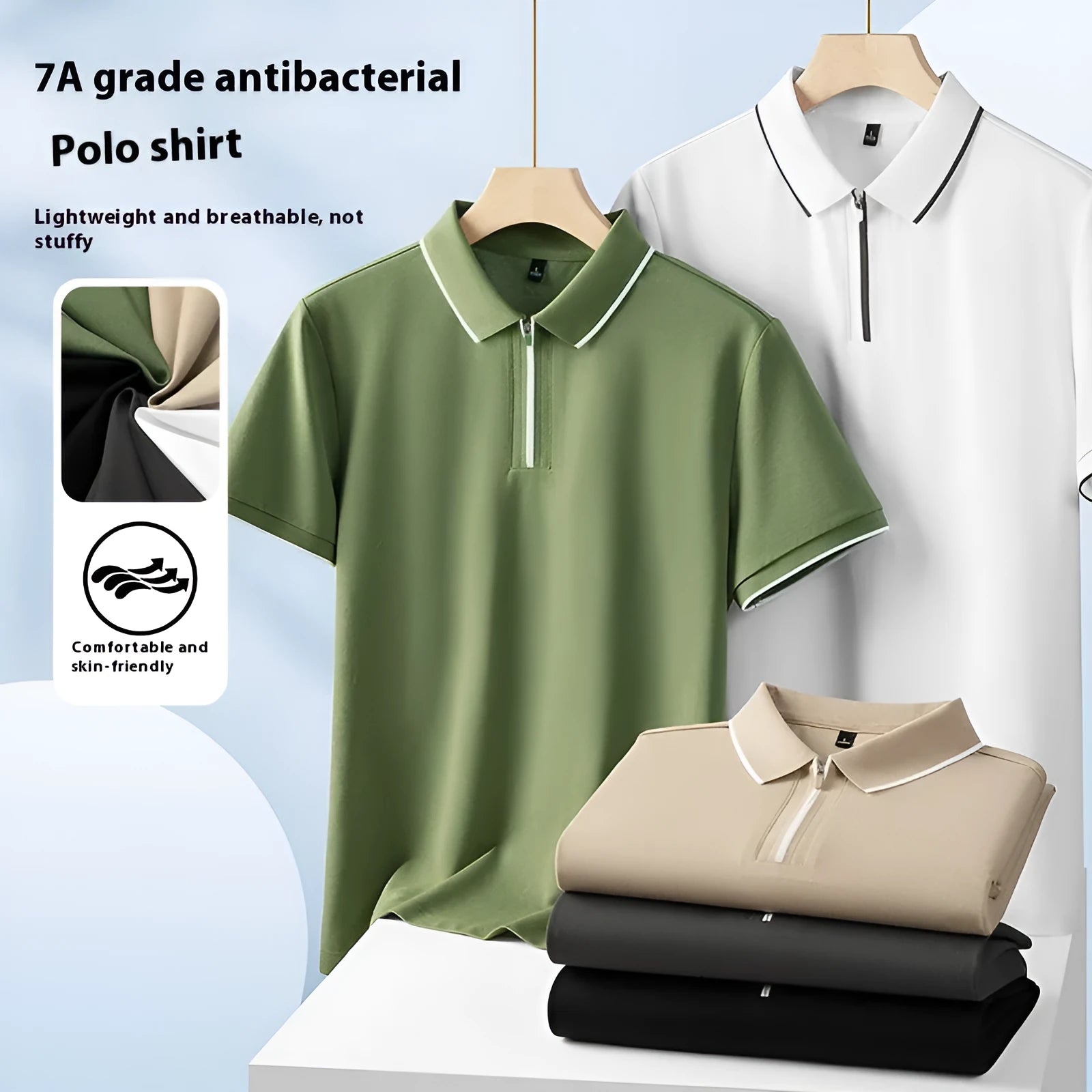 Man wearing a solid colour zip-front short sleeve polo shirt in long-staple cotton.