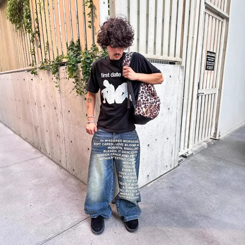 Men's black and blue cotton casual trousers with wide-leg straight cut and elasticated waistband