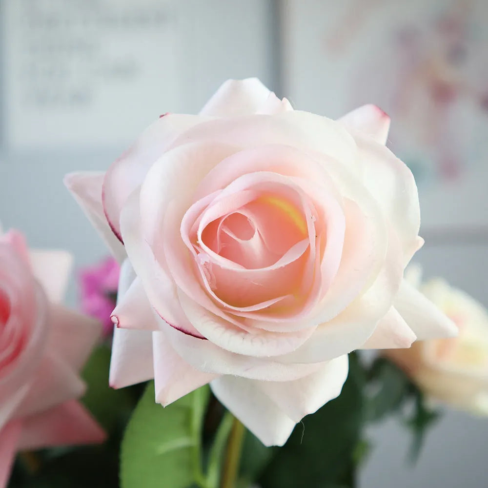 Artificial silk rose bouquet with 42cm length and 8.5cm flower head in multiple colour options