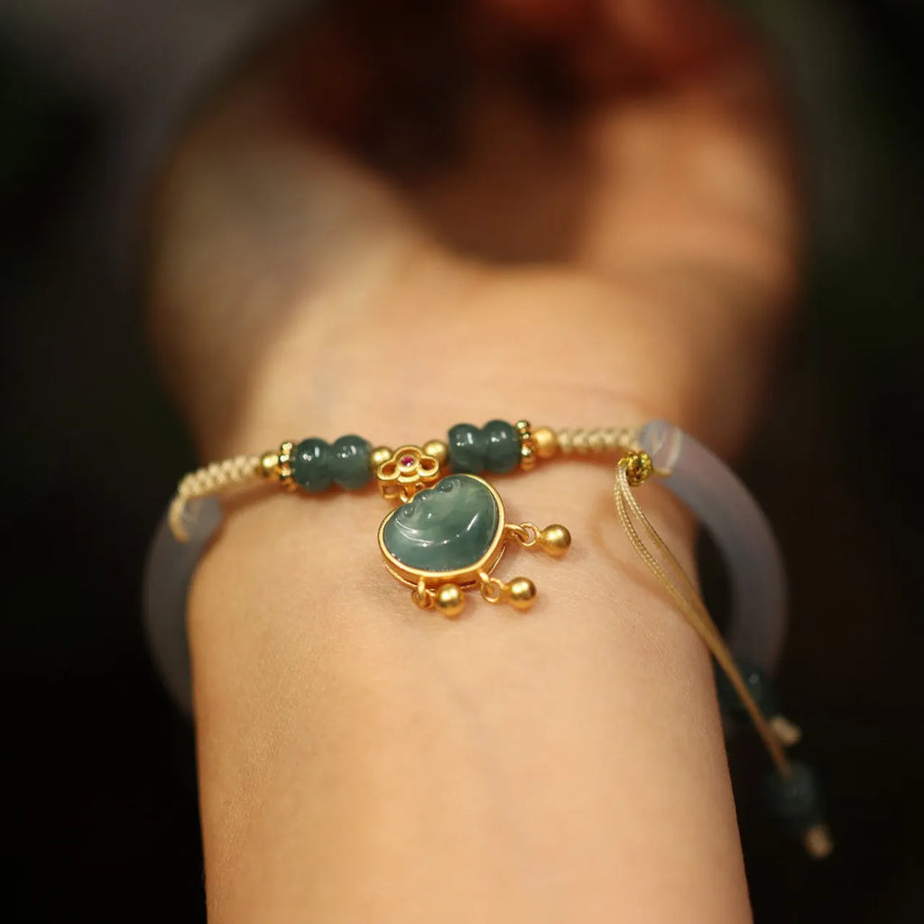 White agate chalcedony half bracelet with blue water lock blessing detail, Chinese style women's jewellery