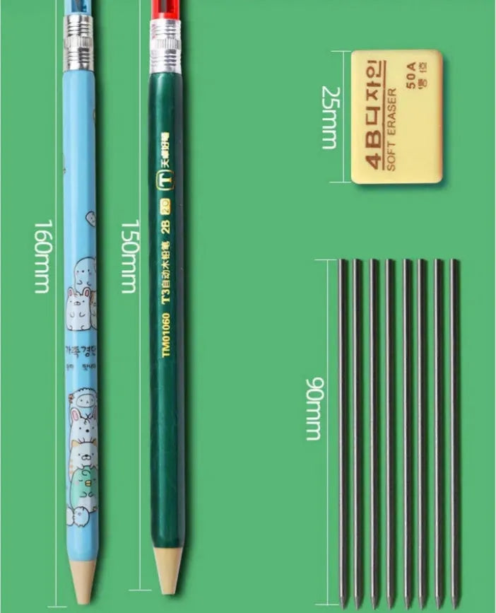 Children's mechanical pencils with cartoon designs showing 2.0 mm lead thickness for school writing