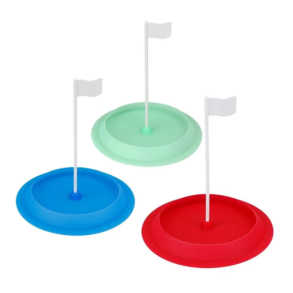 Green rubber putter plate for indoor golf putting practice, 16cm diameter.