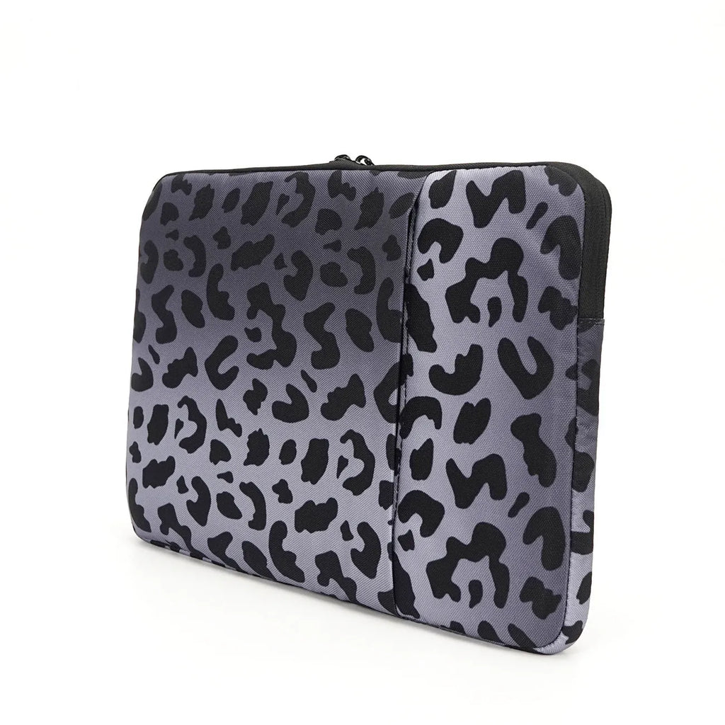 Leopard print laptop sleeve protecting 13-inch to 16-inch computers with waterproof polyester construction