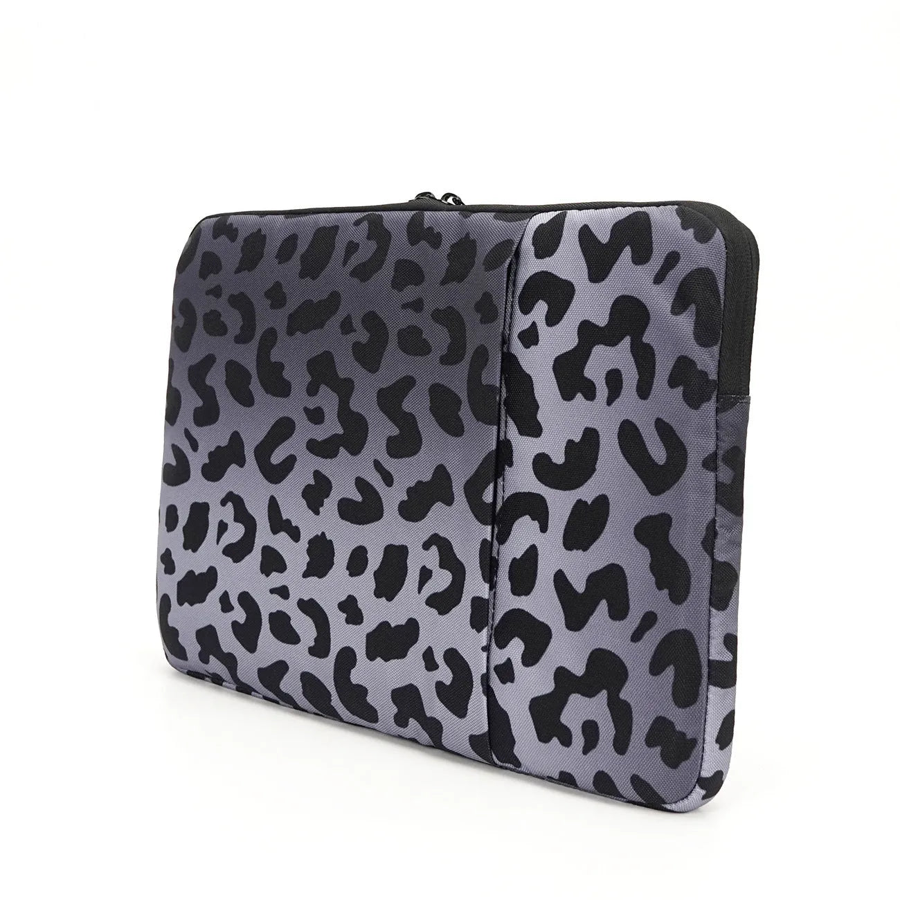 Leopard print laptop sleeve protecting 13-inch to 16-inch computers with waterproof polyester construction