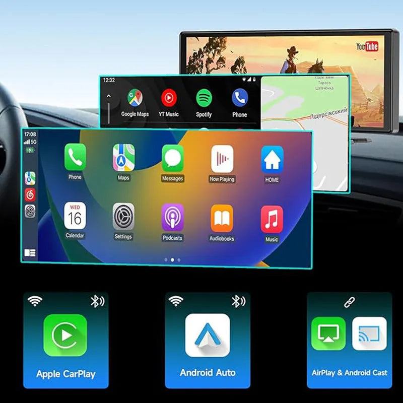 Black 10.26-inch touch screen car navigation and dual lens dash cam mounted on a windscreen.