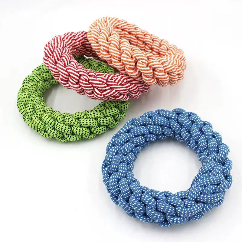 Cotton braided ring dog chew toy showing textured woven surface and approximate 18cm diameter