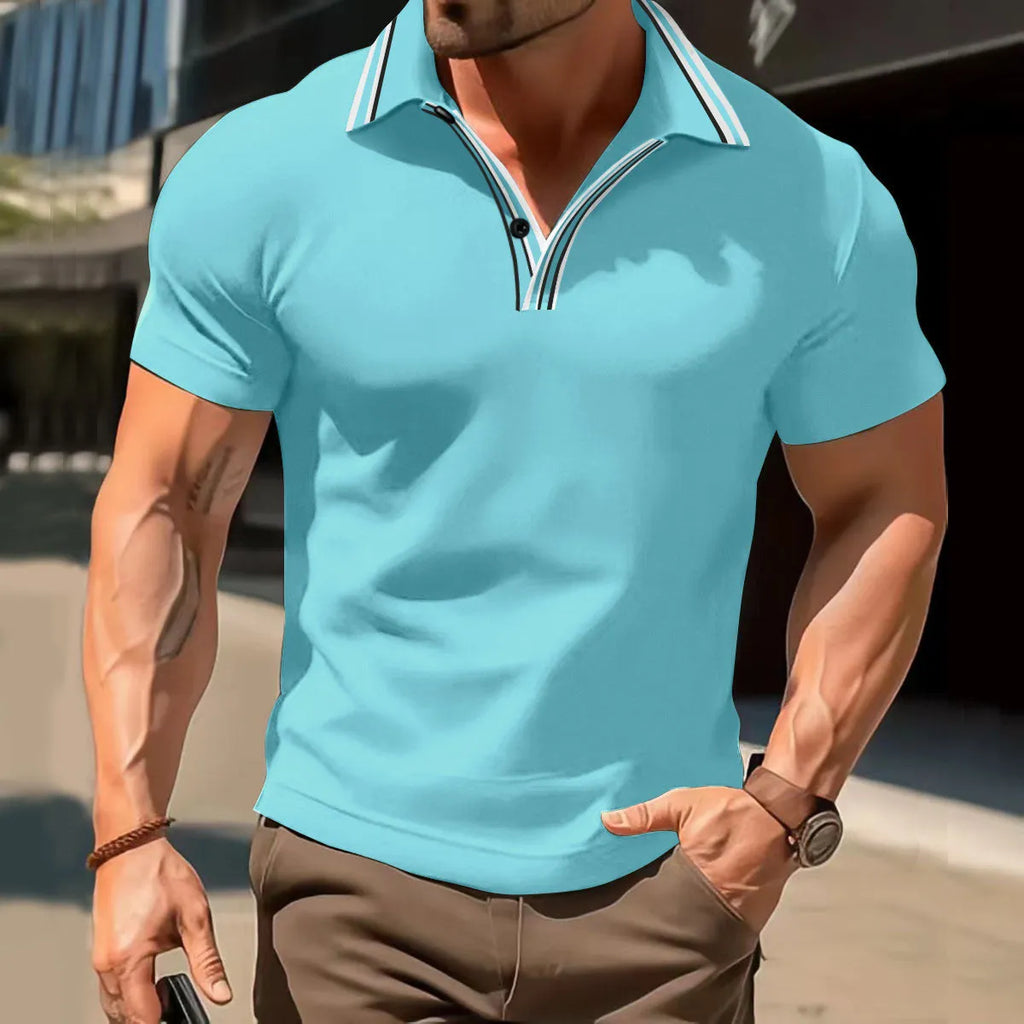 Men's thin lapel button T-shirt in dark blue, loose fit pullover style, polyester blend fabric