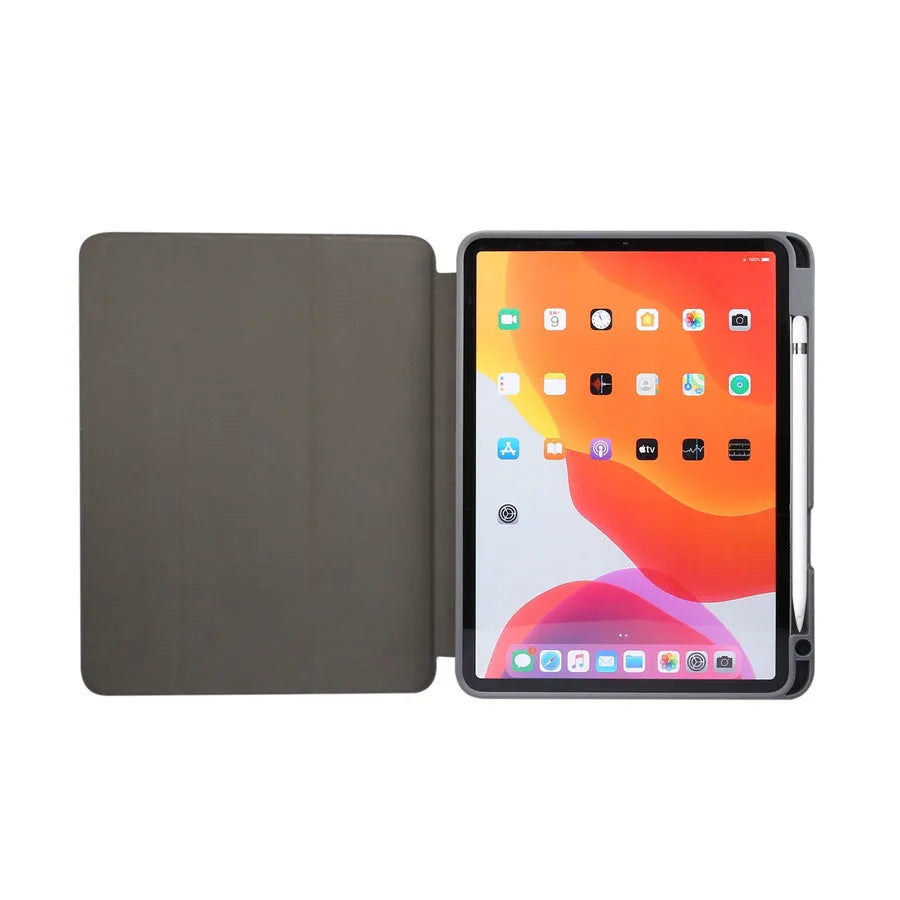 Marbled tri-fold iPad case in dark grey standing upright, showing pen slot and folded stand.
