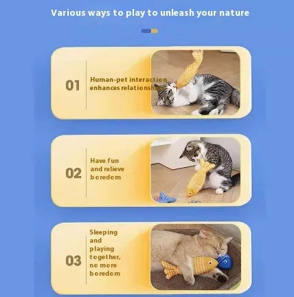 Blue, red or yellow catnip fish toy with natural filling for feline energy and dental health